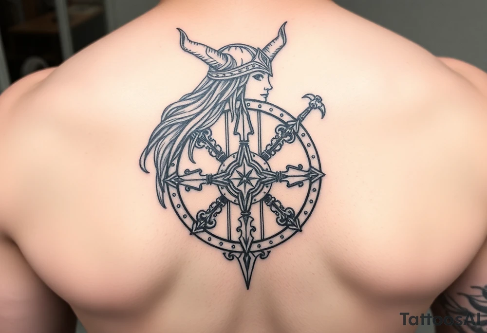 Viking Shield maiden, black work, intricate lines, realistic, complex tattoo idea Viking Shield maiden, black work, intricate lines, realistic, complex tattoo idea