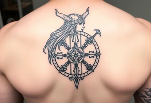 Viking Shield maiden, black work, intricate lines, realistic, complex tattoo idea