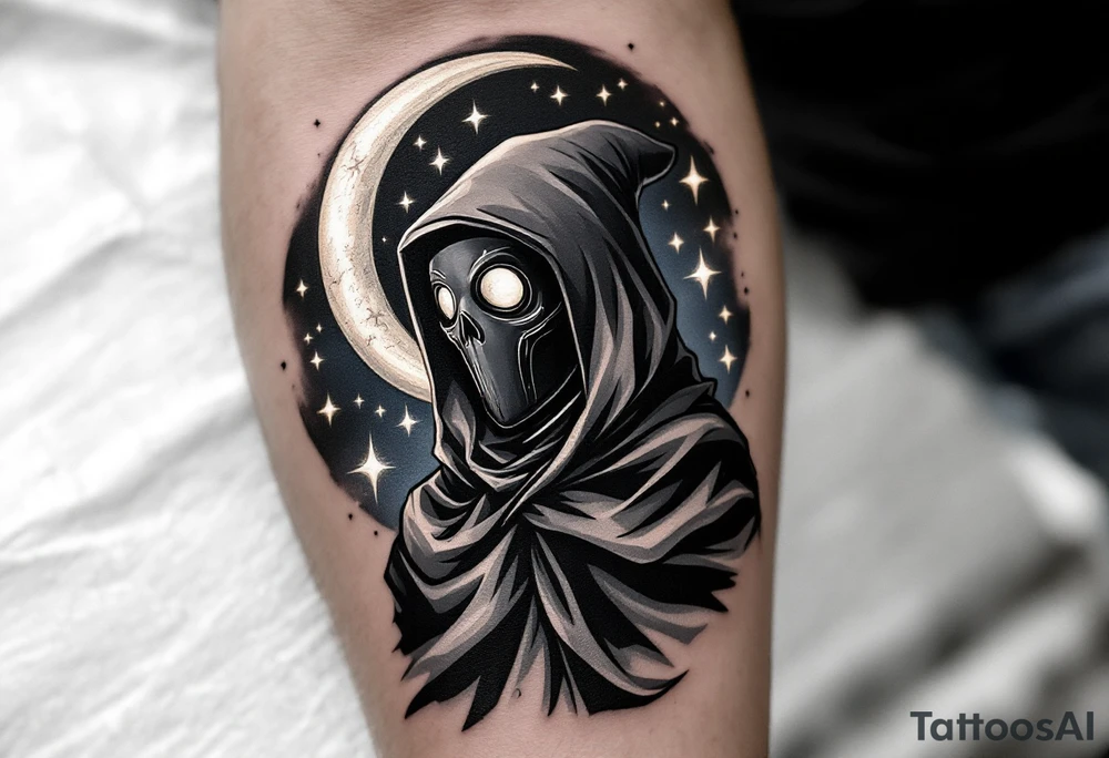 Plague Doctor with Moon & Stars – A celestial-inspired design, where the plaue doctor with tipical mask stands under a crescent moon with glowing silver stars. The mask is midnight black, reflecting the cold silver tones of the night. tattoo idea