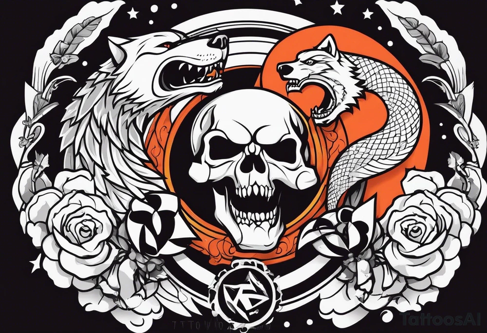 A Hammer and a thunder inside a circle. Beside the circle a skull, a Wolf and a snake tattoo idea