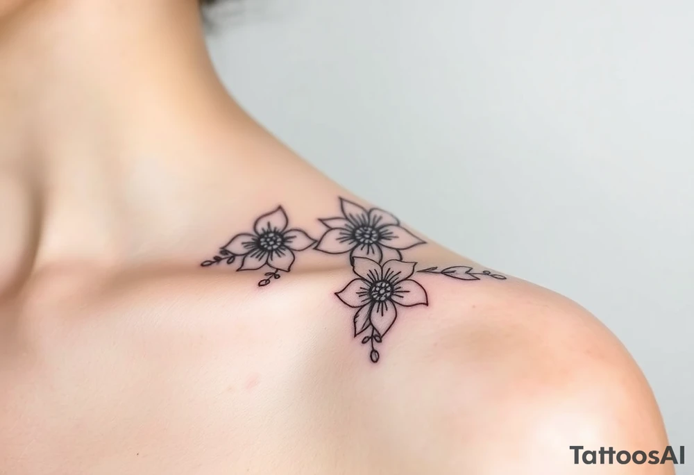 Feminine fine line flowers with eucalyptus tattoo idea