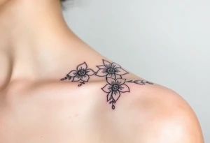 Feminine fine line flowers with eucalyptus tattoo idea