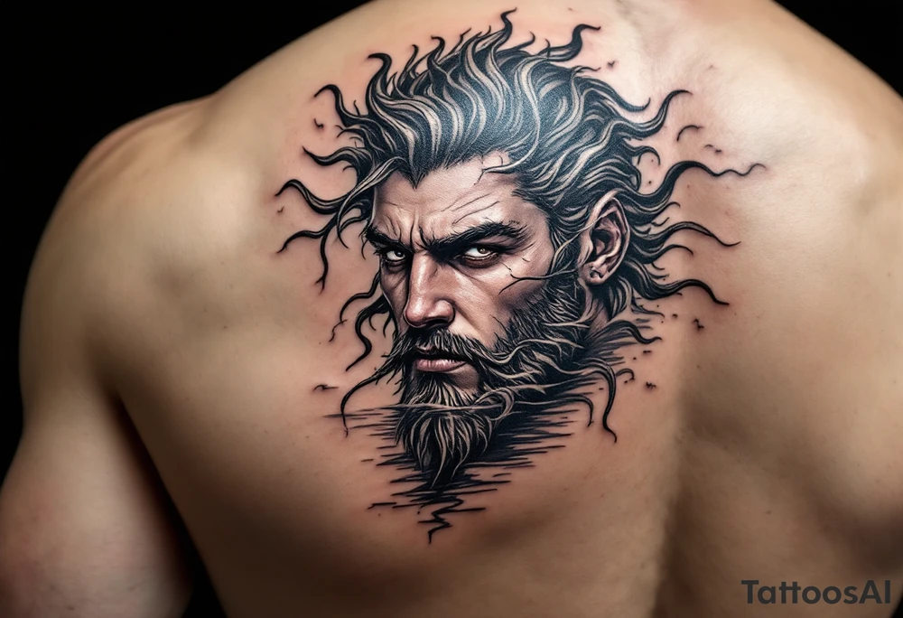 fit young poseidon with trident half way in calm water tattoo idea