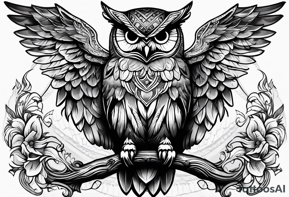 Owl with wings open and Libra scale on its claws tattoo idea