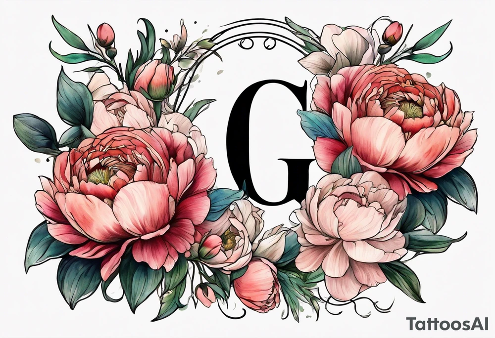 Initials G and J surrounded by peonies and ranunculus flowers tattoo idea