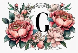Initials G and J surrounded by peonies and ranunculus flowers tattoo idea