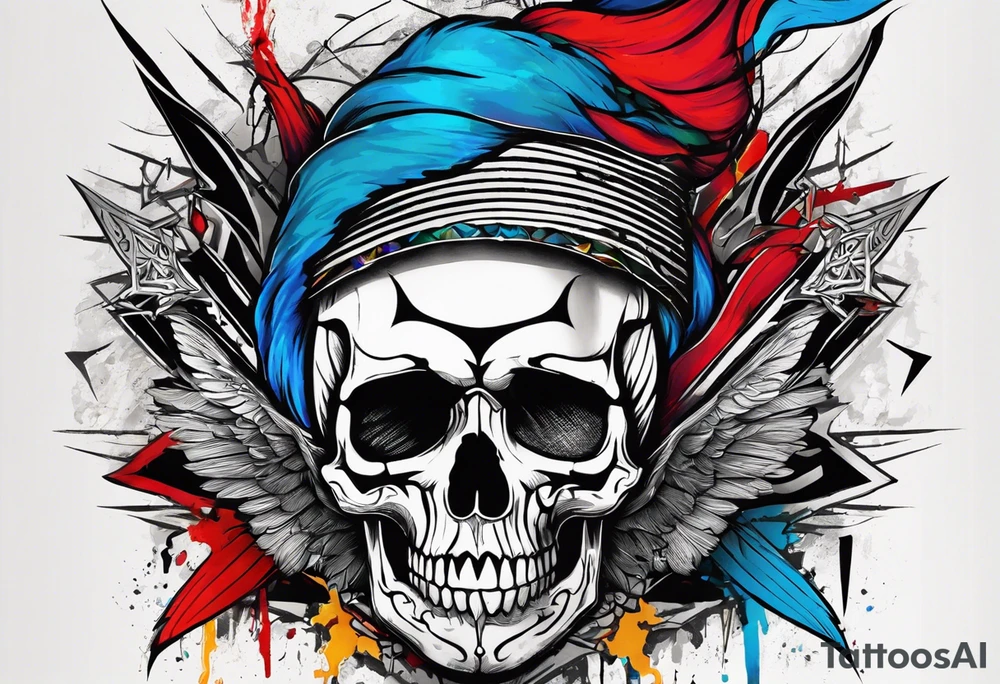 Design a tattoo concept that features a skull breaking free from censorship, symbolizing the fight for freedom of expression. The skull should be positioned on the neck, with bold lines and vibrant colors to represent the struggle against oppression. tattoo idea