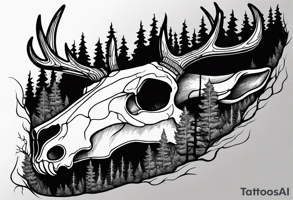 scary side view of a DECAYING deer skull JUST BONE surrounded by a forest fire in background tattoo idea