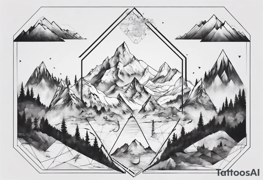 A hexagon with mountains extending beyond the boundary of the figure tattoo idea