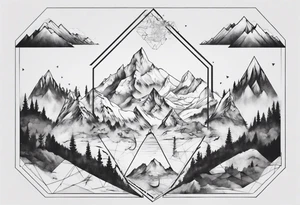 A hexagon with mountains extending beyond the boundary of the figure tattoo idea