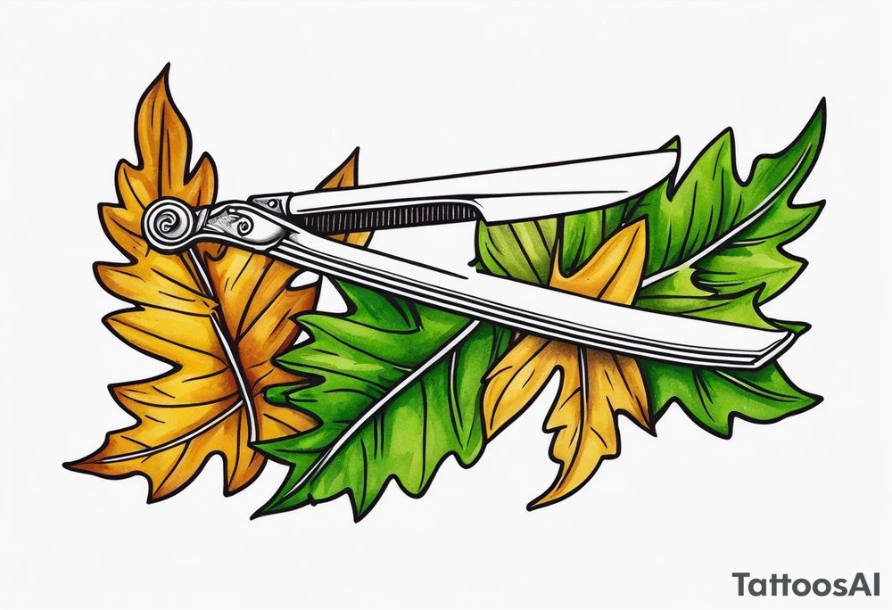 a straight razor lies on oak leaves tattoo idea
