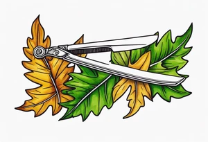 a straight razor lies on oak leaves tattoo idea