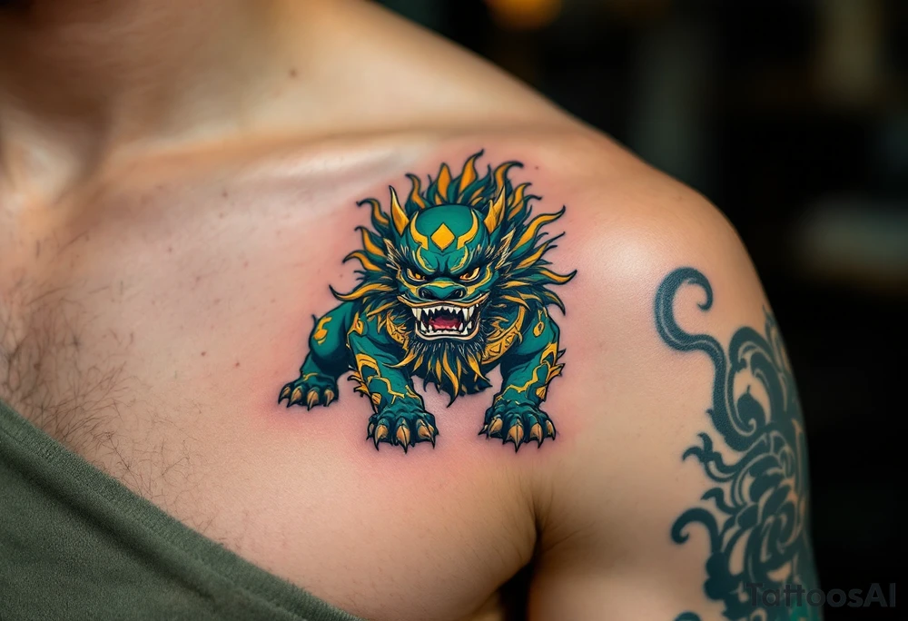 A shishi (lion dog guardian) in bold green and gold crouched protectively with a snarl. tattoo idea