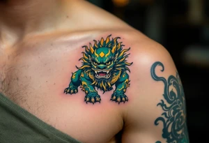 A shishi (lion dog guardian) in bold green and gold crouched protectively with a snarl. tattoo idea