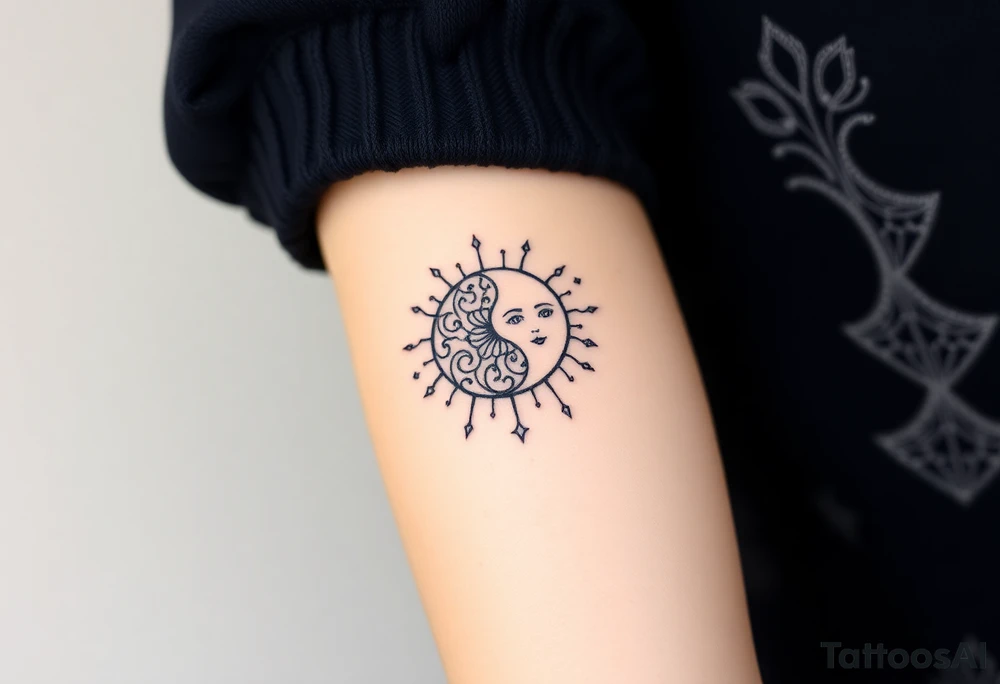 celestial sun and moon embrace with constellation patterns tattoo idea