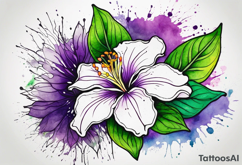 A mystical outline of a rio dipladenia flower and a green/purple watercolor splatter in the background tattoo idea