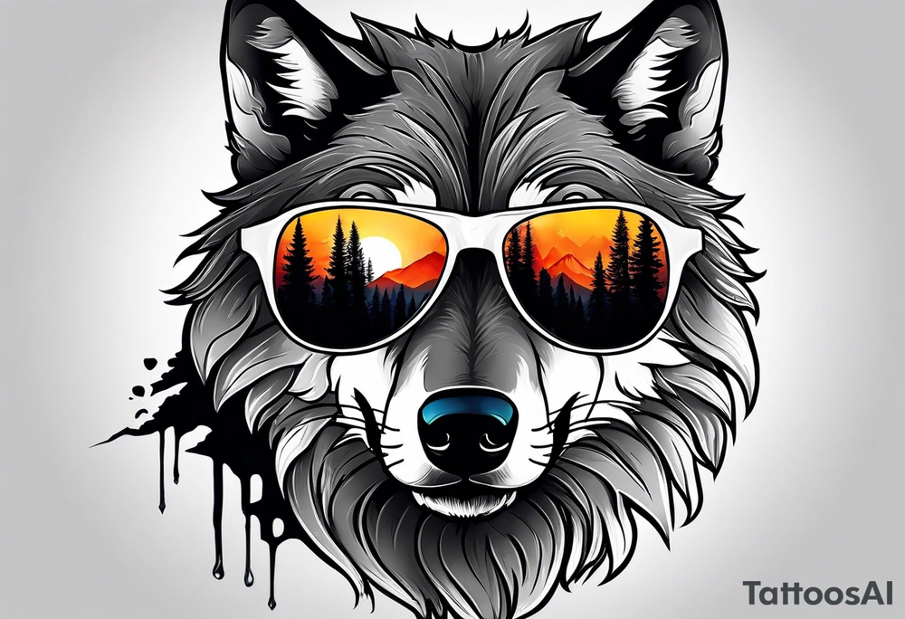 Badass wolf wearing sunglasses
Dark woods
Mountains
Sunset tattoo idea