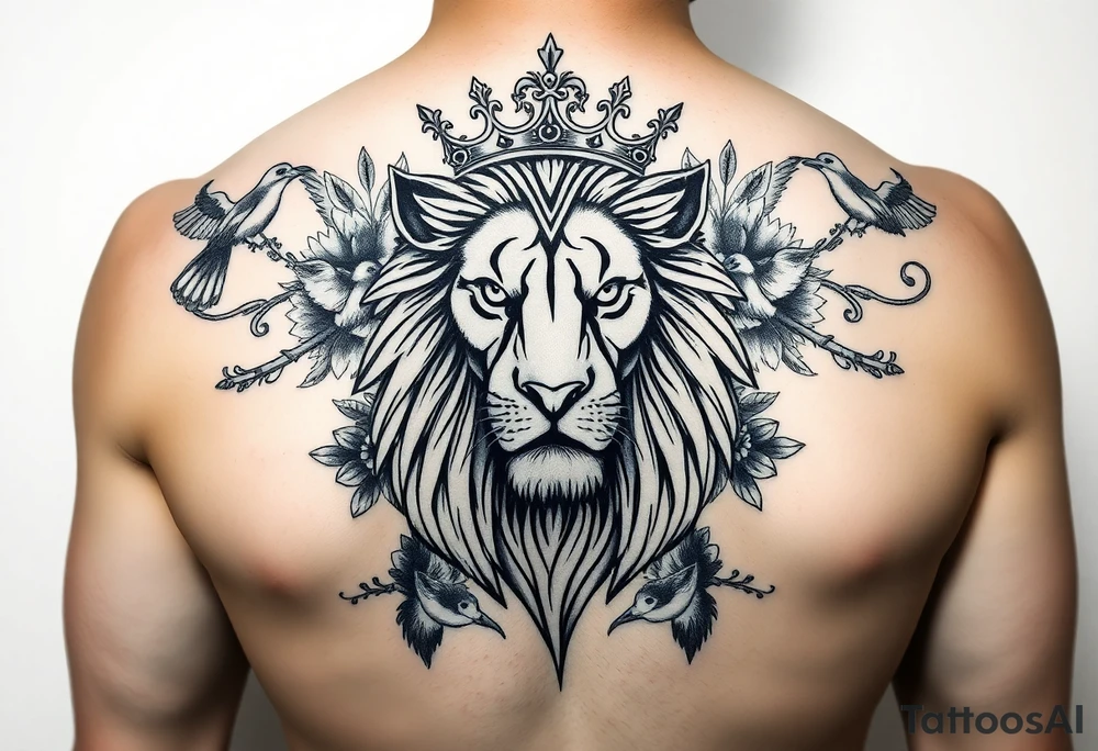 powerful majestic lion with a crown, surrounded by floral ornaments and birds tattoo idea