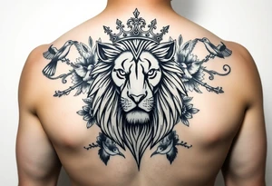 powerful majestic lion with a crown, surrounded by floral ornaments and birds tattoo idea