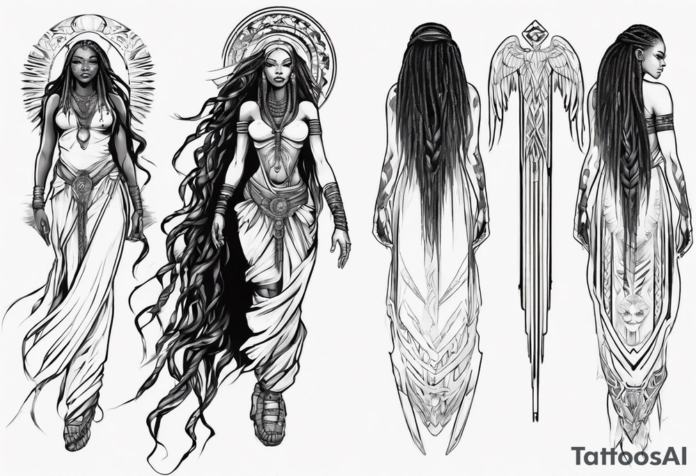 African female valkyre full body angelic
slim long face long braided hair descending from heaven tattoo idea