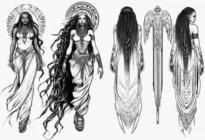 African female valkyre full body angelic
slim long face long braided hair descending from heaven tattoo idea