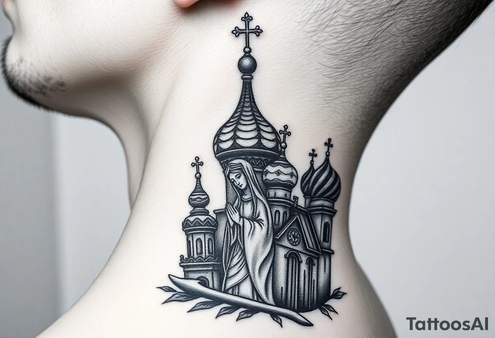 Flowing Scene

A onion domes orthodox church
Virgin Mary in prayer pose wrapping around the lower neck curve
A small double headed russian coat of arms eagle or just the star tucked above the dome near the hairline tattoo idea