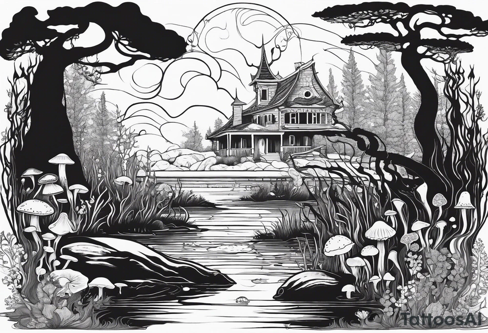 Mermaid silhouette in a swamp with cypress trees, mushrooms, and wild flowers. tattoo idea