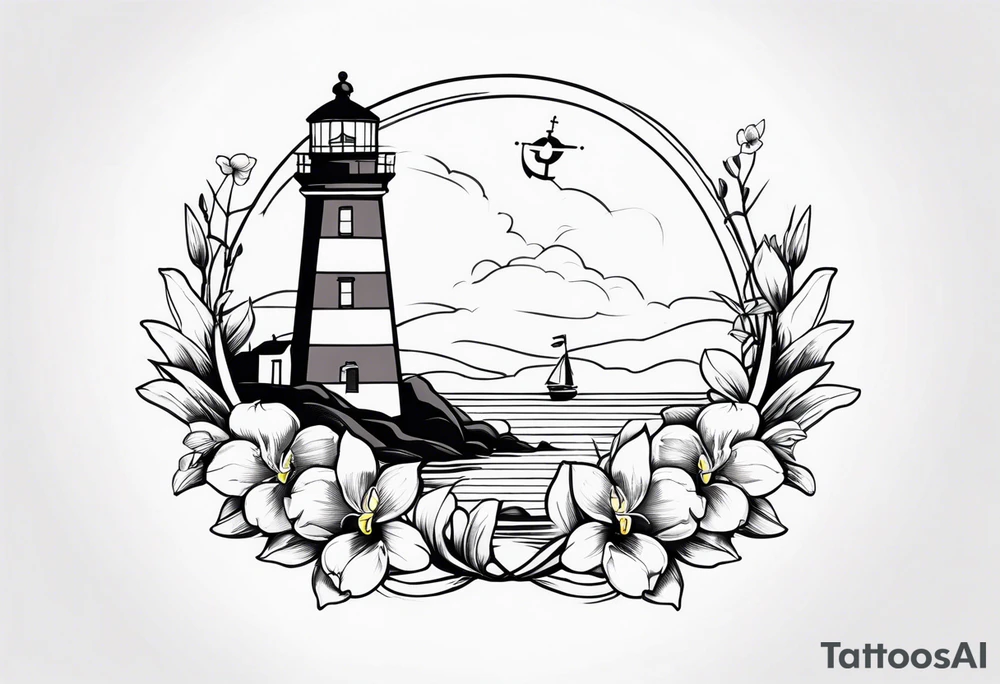Lighthouse with an anchor and orchids tattoo idea