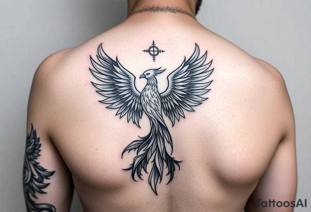 Side arm tattoo with the phoenix rising from the ashes linked with libra sign and based on discipline and the help of God.Geometric and abstract style tattoo idea