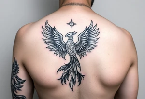 Side arm tattoo with the phoenix rising from the ashes linked with libra sign and based on discipline and the help of God.Geometric and abstract style tattoo idea