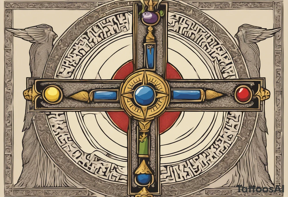 A medieval cross with an assyrian flag in the middle. A crown om top of the cross. The assyrian king Sennacherib. A sun and a moon. A cloud with rain and thunder. charizard. an imperfect cirkle. a candle. a swan. lemons. the god asshur with wings. an ankh. angel wings with a halo. surrounded by olive branches and feathers. tattoo idea