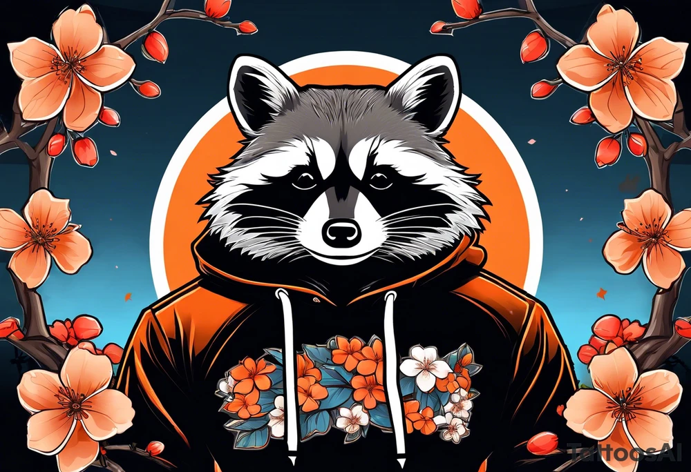 Raccoon wearing a white Superman logo on a black hoodie and orange Japanese cherry blossoms beside tattoo idea