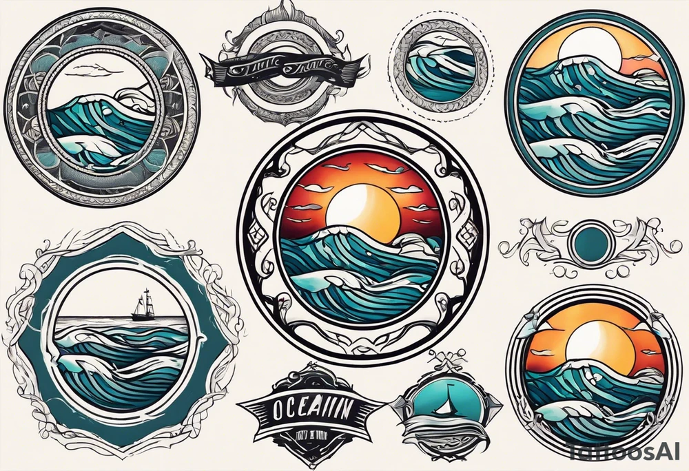 vintage traditional tattoo of ocean waves 
within a circle and banner across bottom tattoo idea