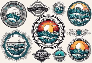 vintage traditional tattoo of ocean waves 
within a circle and banner across bottom tattoo idea