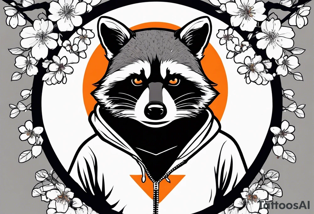 raccoon wearing a black and white Superman hoodie with orange Japanese cherry blossoms tattoo idea