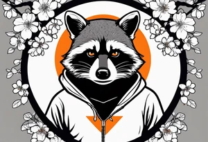 raccoon wearing a black and white Superman hoodie with orange Japanese cherry blossoms tattoo idea