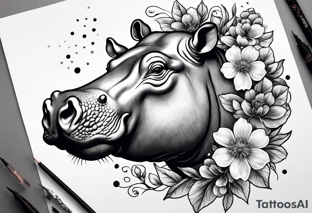 A hippo head with a detailed realistic full moon on upper right corner and wintersweet flower on lower left corner tattoo idea