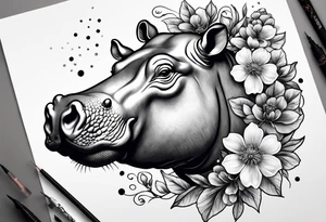 A hippo head with a detailed realistic full moon on upper right corner and wintersweet flower on lower left corner tattoo idea