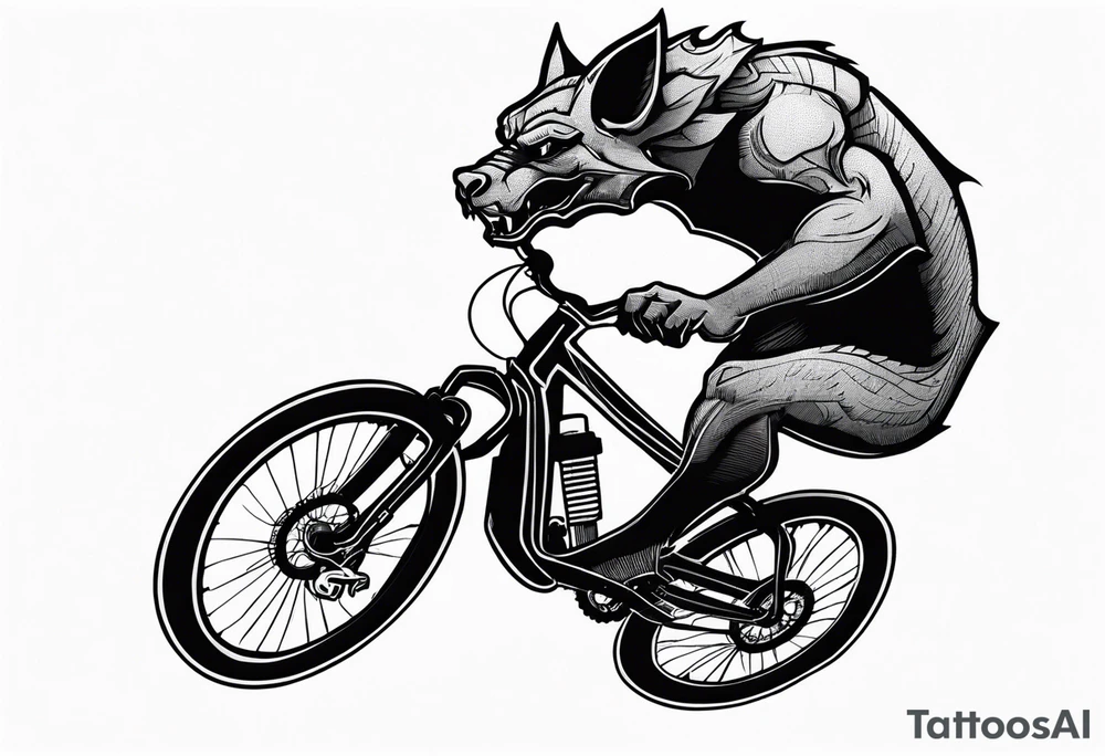 gargoyle riding a full suspension mountain bike with a shadow no background tattoo idea