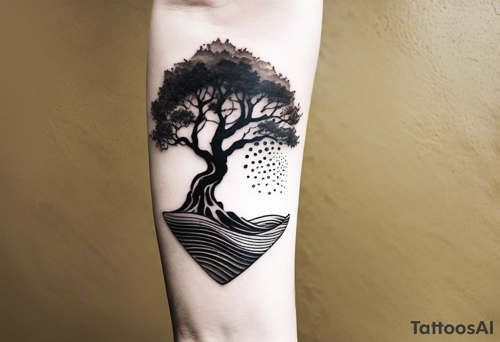 A tattoo of an abstract Tree of life tattoo to be placed on the upper side bicep of a woman. It can wrap around the arm a little. It should have roots growing out of the bottom. The roots slowly turn into water from the great wave by Hokusai. A golf flag should be placed discreetly growing out of the ground. 2 license plate tags should be hanging from the tree. Place a few music notes in the areas the leaves should be. The letters A U should be engraving into the tree trunk in a heart tattoo idea