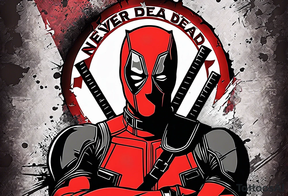 Banner with Text: A worn, dark banner wraps around Deadpool with the phrase "NEVER DEAD" in bold, cracked letters that give a strong and aggressive impression. The banner has small torn details, as if it’s been through rough conditions, with shading that adds depths. tattoo idea