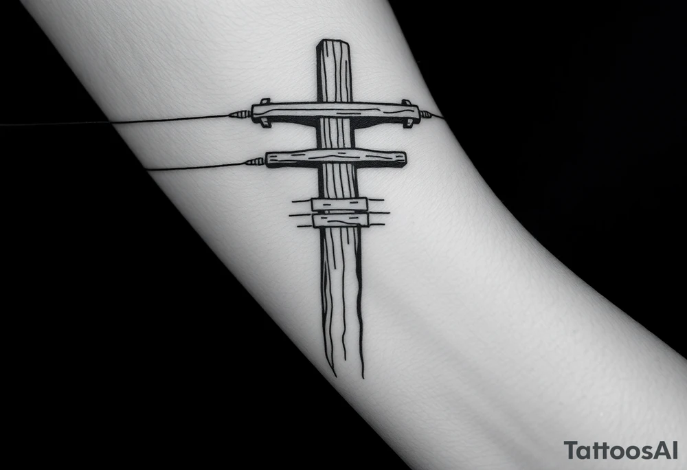 a wooden 12kv distribution pole with electrical lines. Make the pole a cross that has a hidden resemblance to god. tattoo idea