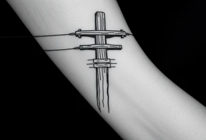 a wooden 12kv distribution pole with electrical lines. Make the pole a cross that has a hidden resemblance to god. tattoo idea