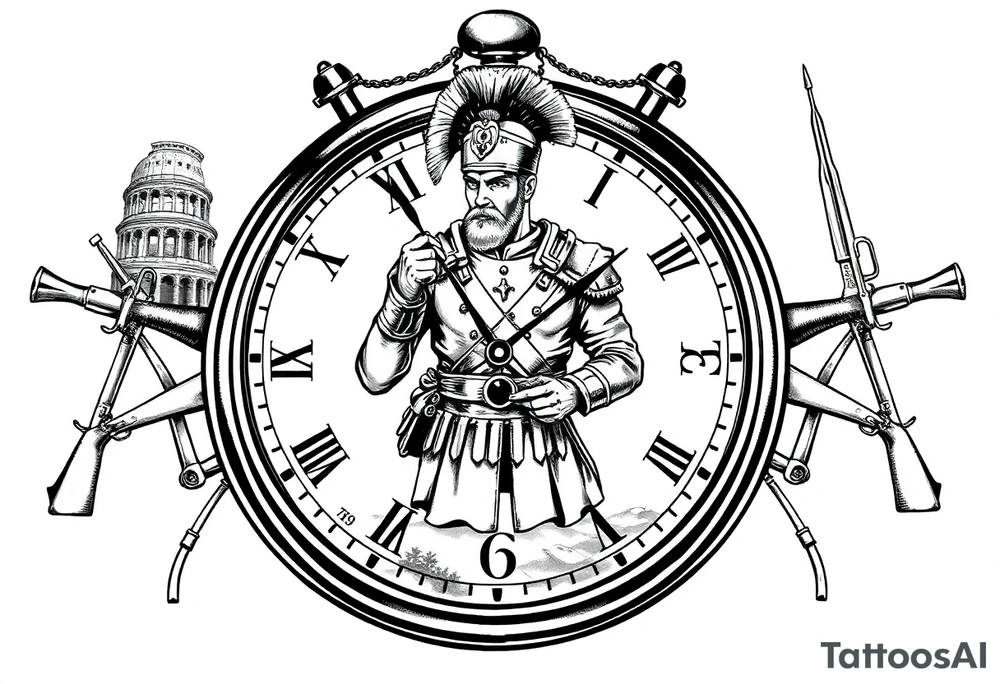Imaginez une horloge affichant 6h40, avec des éléments symboliques autour. Au centre, un guerrier de l'époque napoléonienne, portant un uniforme traditionnel, se tient fier et déterminé. En arrière-plan, on peut voir des éléments architecturaux de Rome, comme le Colisée, qui évoquent la grandeur de l'Empire romain. À côté du guerrier, des armes emblématiques, telles que des sabres et des fusils, sont disposées. Enfin, dans le coin inférieur de l'image, des références aux guerres en Afrique, comme des paysages désertiques ou des cartes anciennes, ajoutent une dimension historique à l'ensemble. tattoo idea