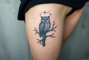 wise owl perched on ancient oak branch under starlit sky tattoo idea
