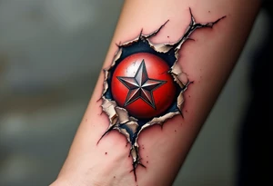 A torn-skin effect showing a red ball beneath, embedded with the Slavia star. tattoo idea