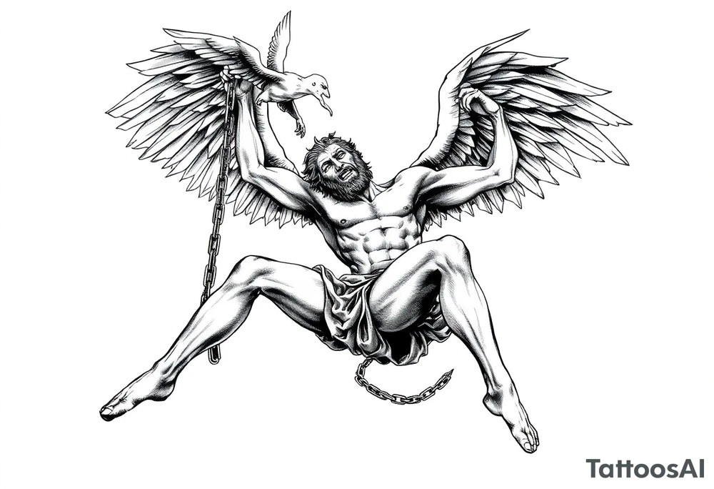 Prometheus Chained Down with Icarus falling from the sky above him Mythology tattoo idea