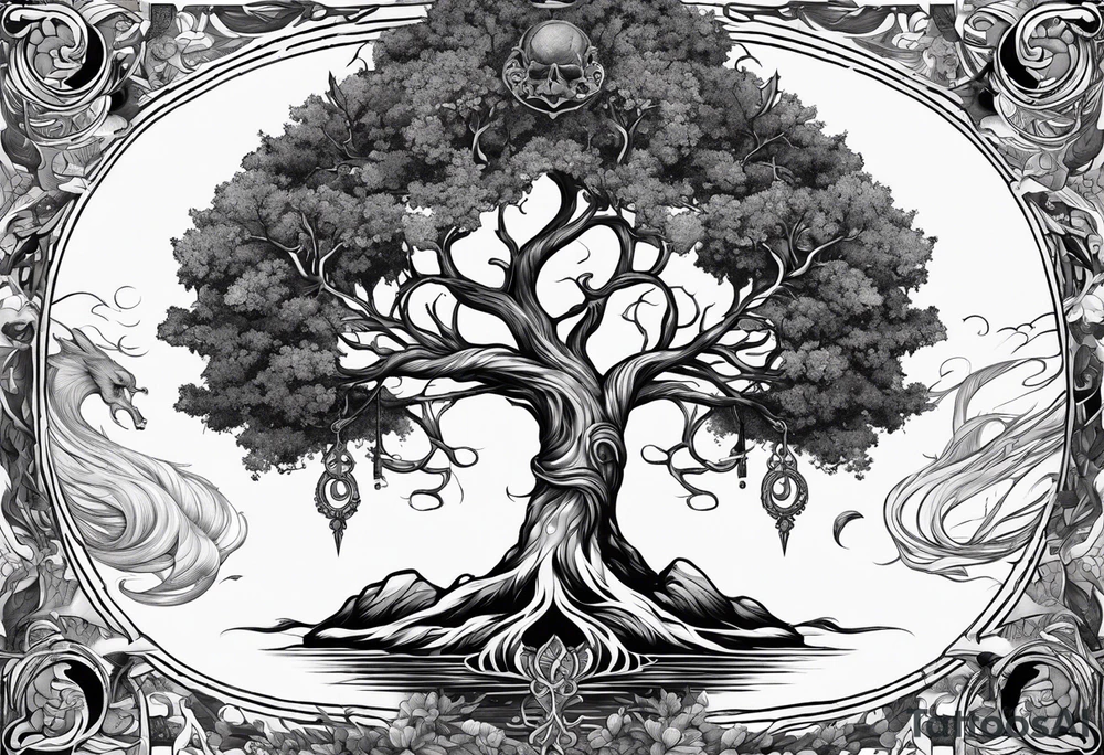 Yggdrasil growing around pisces astrology sign and a long sword underneath tattoo idea