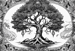 Yggdrasil growing around pisces astrology sign and a long sword underneath tattoo idea