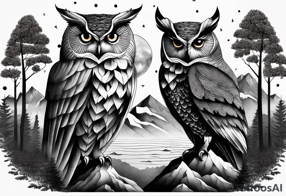 Large owl with trees mountains rocks and water.  Sky with clouds tattoo idea
